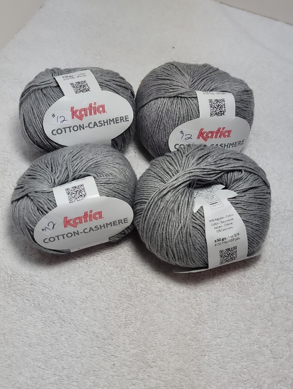 Katia Cotton-Cashmere Yarn - Light Gray 4 Balls NWT